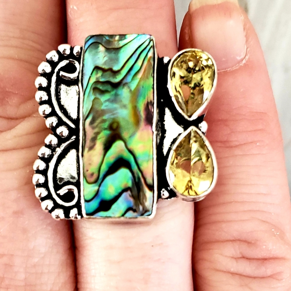 New Abalone Shell & Citrine 925 Silver Ring.